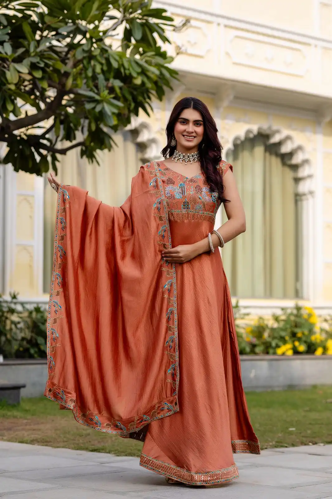 Rust Vichitra Silk Embroider Work Gown | Gowns, Bollywood Gowns, Creative Gowns, Designer Gowns, Embroidered Gowns, Party Wear Gowns