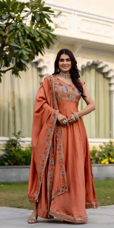 Rust Vichitra Silk Embroider Work Gown | Gowns, Bollywood Gowns, Creative Gowns, Designer Gowns, Embroidered Gowns, Party Wear Gowns