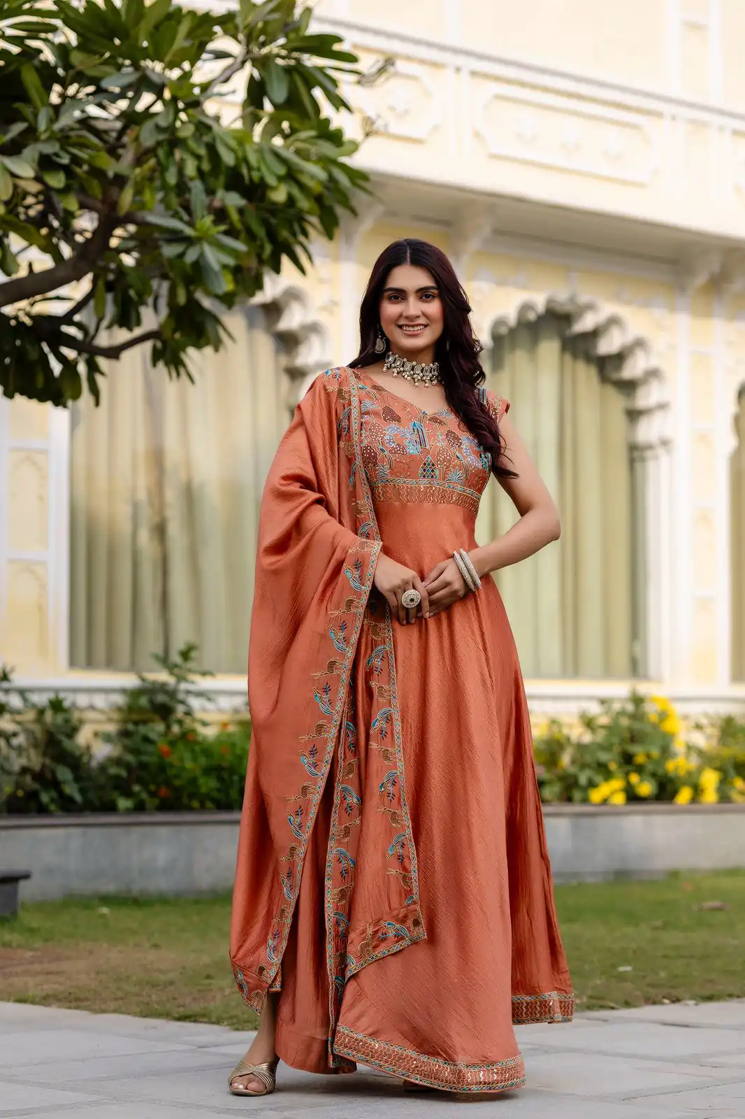 Rust Vichitra Silk Embroider Work Gown | Gowns, Bollywood Gowns, Creative Gowns, Designer Gowns, Embroidered Gowns, Party Wear Gowns