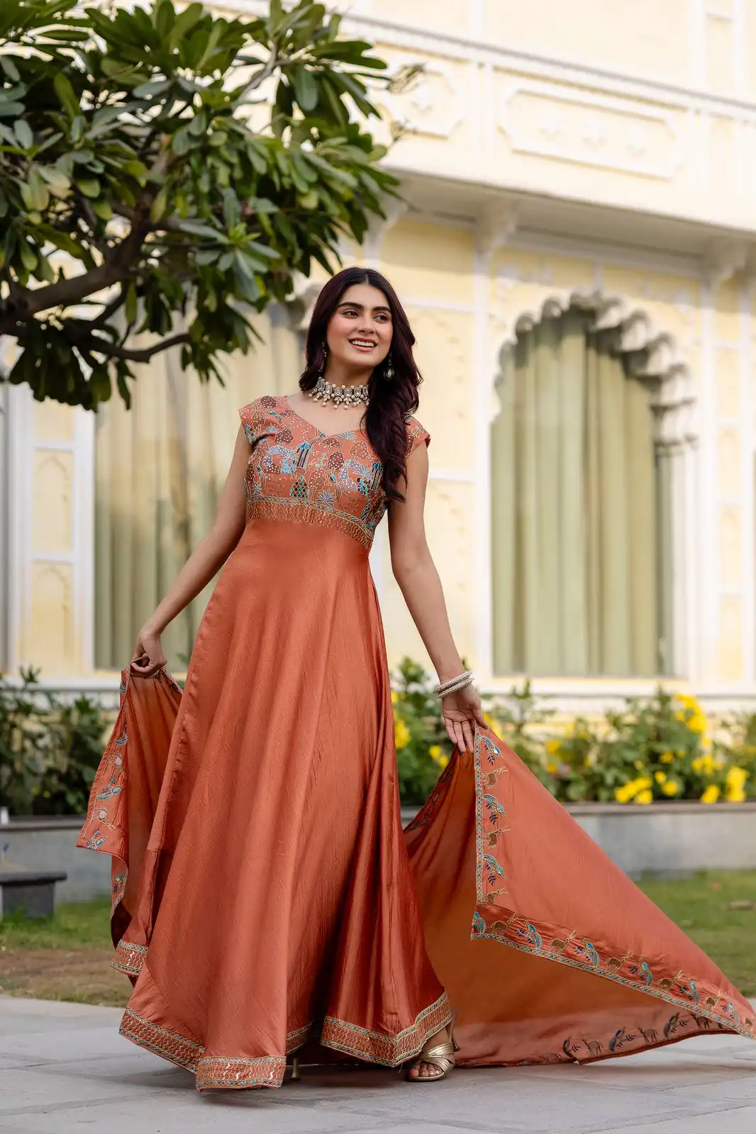 Rust Vichitra Silk Embroider Work Gown | Gowns, Bollywood Gowns, Creative Gowns, Designer Gowns, Embroidered Gowns, Party Wear Gowns