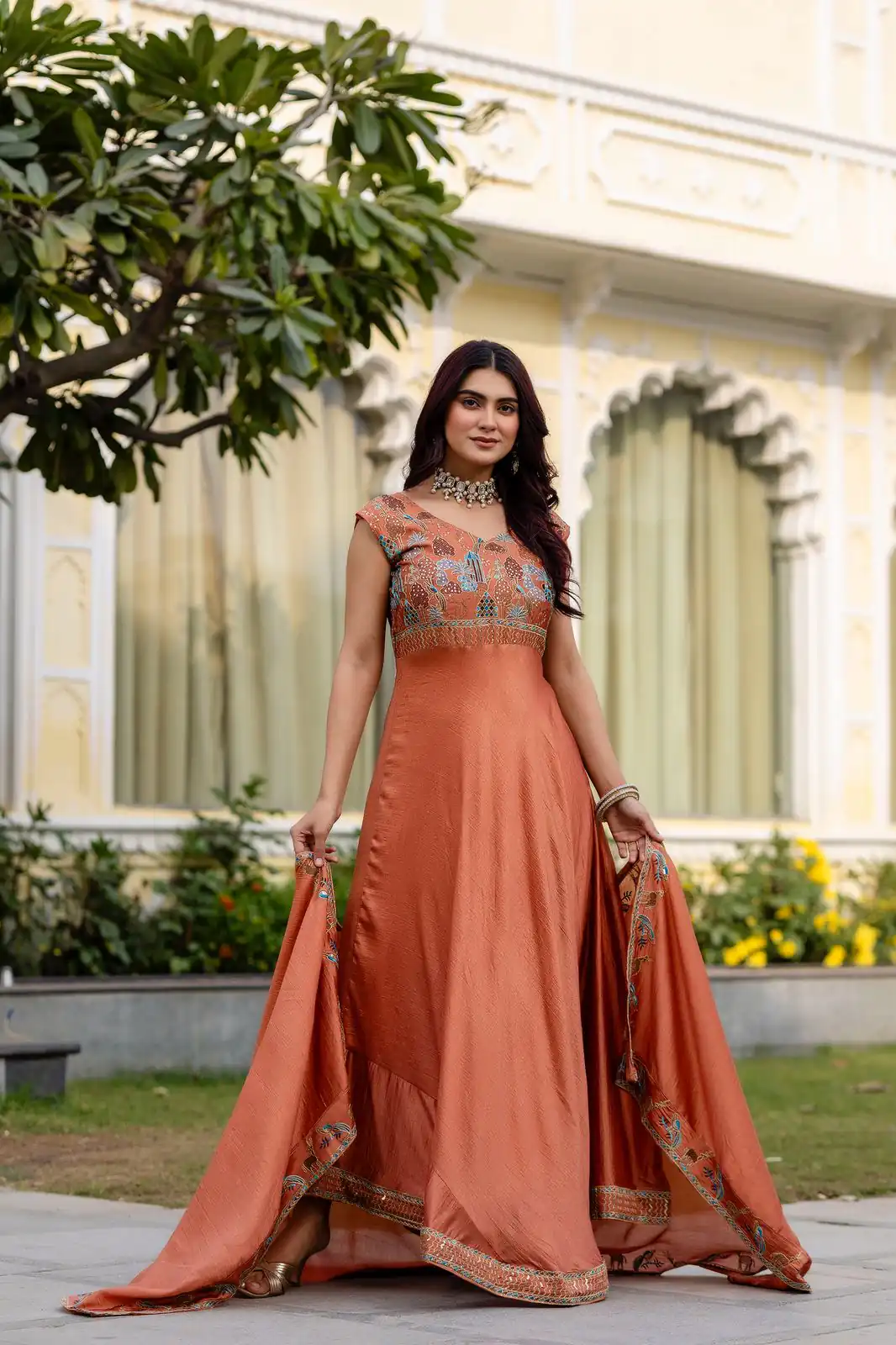 Rust Vichitra Silk Embroider Work Gown | Gowns, Bollywood Gowns, Creative Gowns, Designer Gowns, Embroidered Gowns, Party Wear Gowns