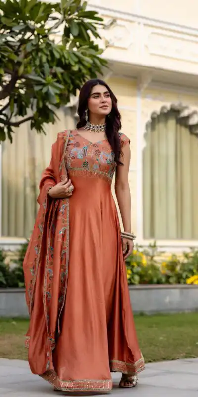 Rust Vichitra Silk Embroider Work Gown | Gowns, Bollywood Gowns, Creative Gowns, Designer Gowns, Embroidered Gowns, Party Wear Gowns