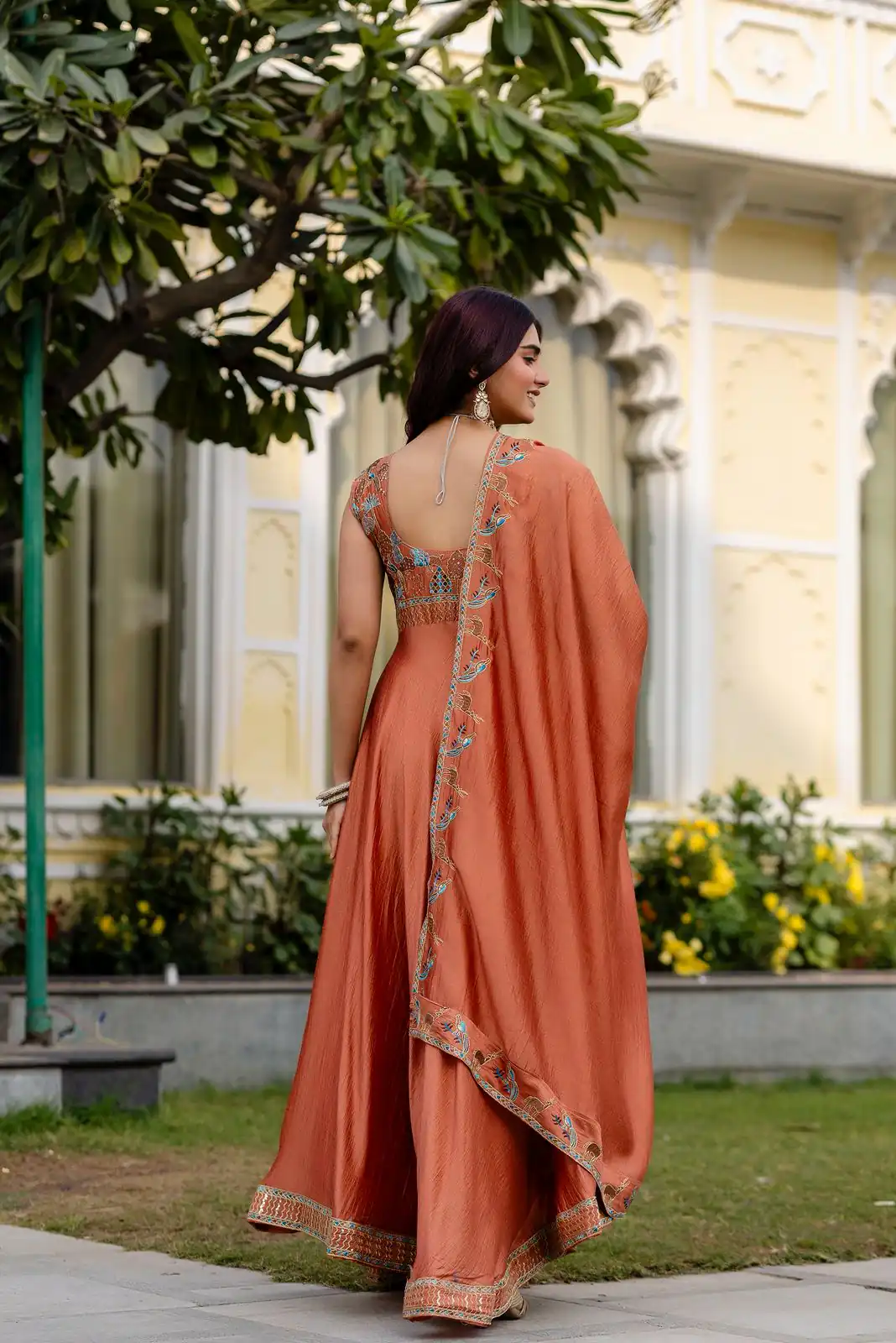Rust Vichitra Silk Embroider Work Gown | Gowns, Bollywood Gowns, Creative Gowns, Designer Gowns, Embroidered Gowns, Party Wear Gowns