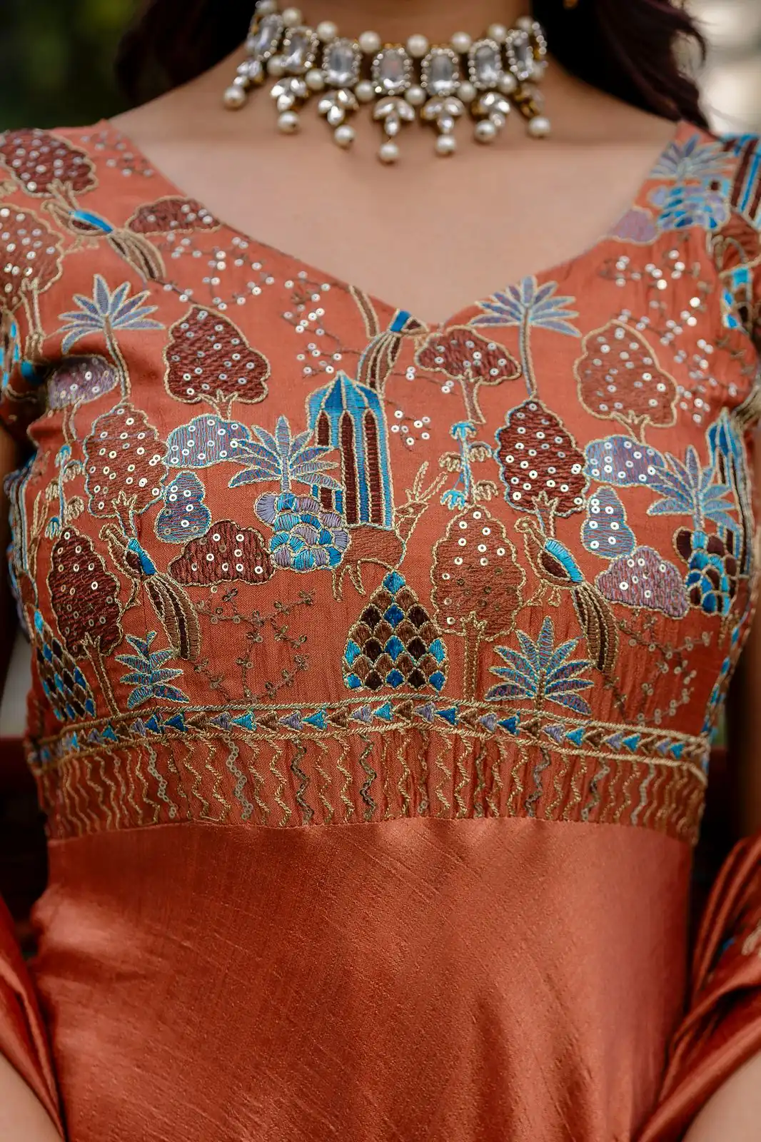 Rust Vichitra Silk Embroider Work Gown | Gowns, Bollywood Gowns, Creative Gowns, Designer Gowns, Embroidered Gowns, Party Wear Gowns