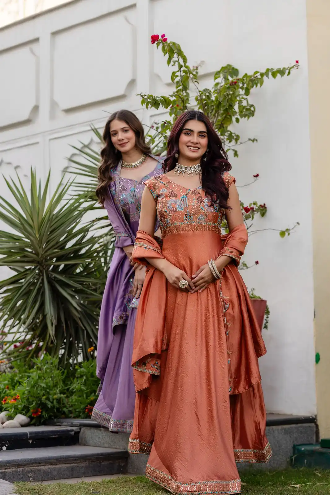 Rust Vichitra Silk Embroider Work Gown | Gowns, Bollywood Gowns, Creative Gowns, Designer Gowns, Embroidered Gowns, Party Wear Gowns
