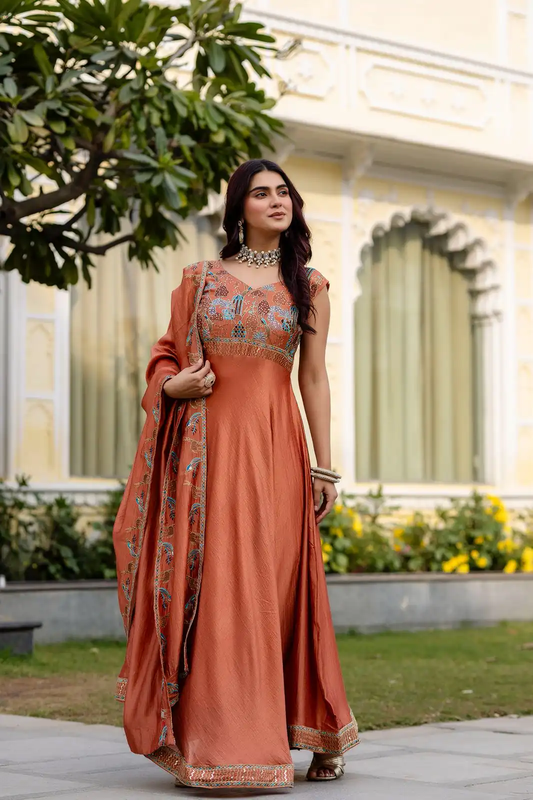Rust Vichitra Silk Embroider Work Gown | Gowns, Bollywood Gowns, Creative Gowns, Designer Gowns, Embroidered Gowns, Party Wear Gowns