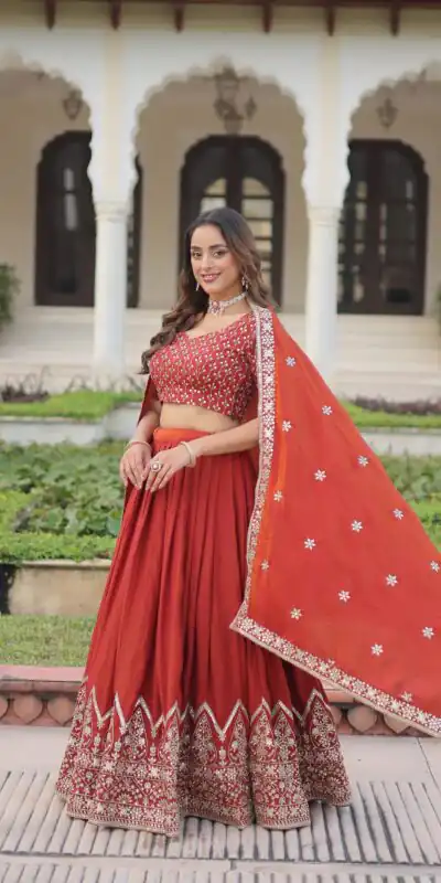 Rust Vichitra Silk Sequins Work Lehenga Choli | Lehenga, Bollywood Lehenga, Creative Lehenga, Designer Lehenga, Embroidered Lehenga, Party Wear Lehenga