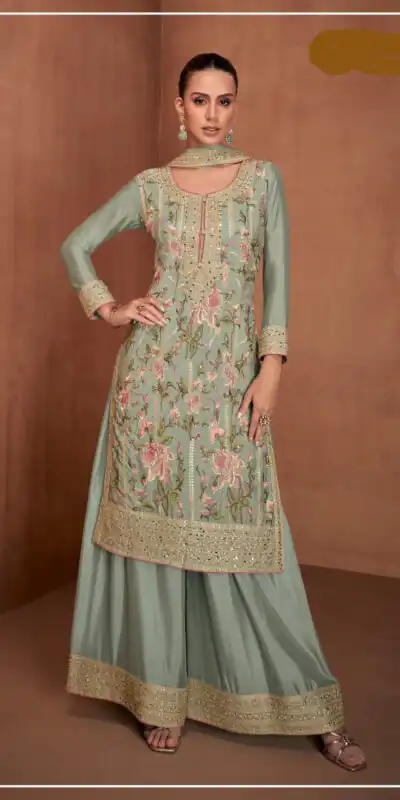 Sea Green Chinon Embroidery Work Salwar Suit | Jump Suits, Salwar suit, Casual Suits, Creative suits, Designer Suits, Palazzo Suits, Party Wear Suits, Patiala Suits, Straight Suits