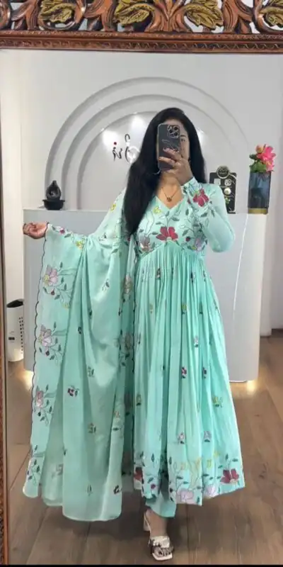 Sea Green Fox Georgette With Thread Embroidery Gown | Jump Suits, Salwar suit, Casual Suits, Creative suits, Designer Suits, Palazzo Suits, Party Wear Suits, Patiala Suits, Straight Suits