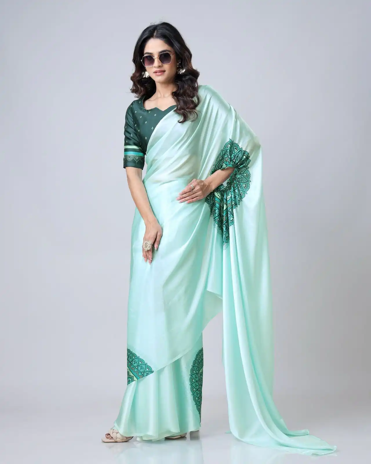 Sea Green Japan Satin Digital Print Work Saree | Sarees, Bollywood Sarees, Creative Sarees, Designer Sarees, Embroidered Sarees, Ethnic Saree, Modern Digital sarees, Party Wear Sarees