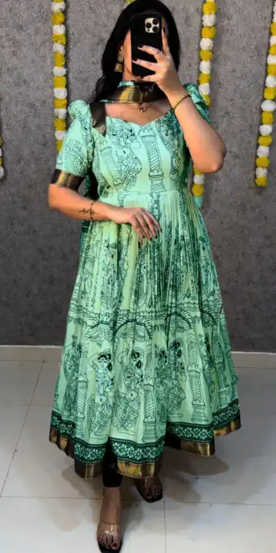 Sea Green Malai Satin Digital Kalamkari Print Gown | Gowns, Bollywood Gowns, Creative Gowns, Designer Gowns, Embroidered Gowns, Party Wear Gowns