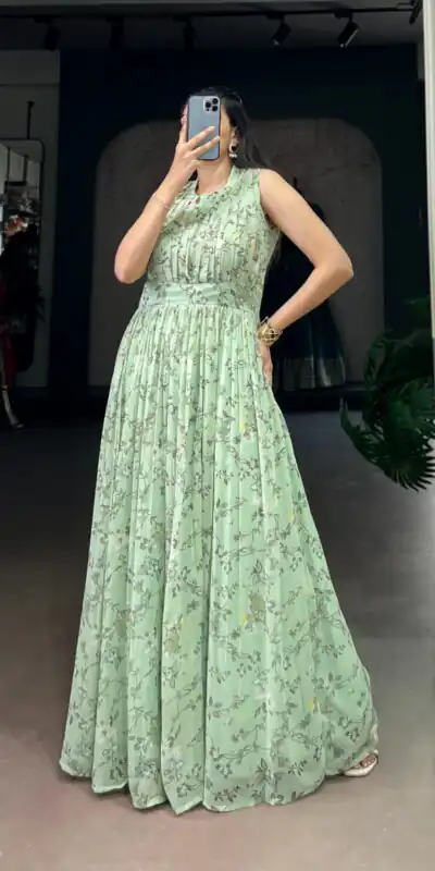Sea Green Weightless Marbal Floral Print Gown | Gowns, Bollywood Gowns, Creative Gowns, Designer Gowns, Embroidered Gowns, Party Wear Gowns