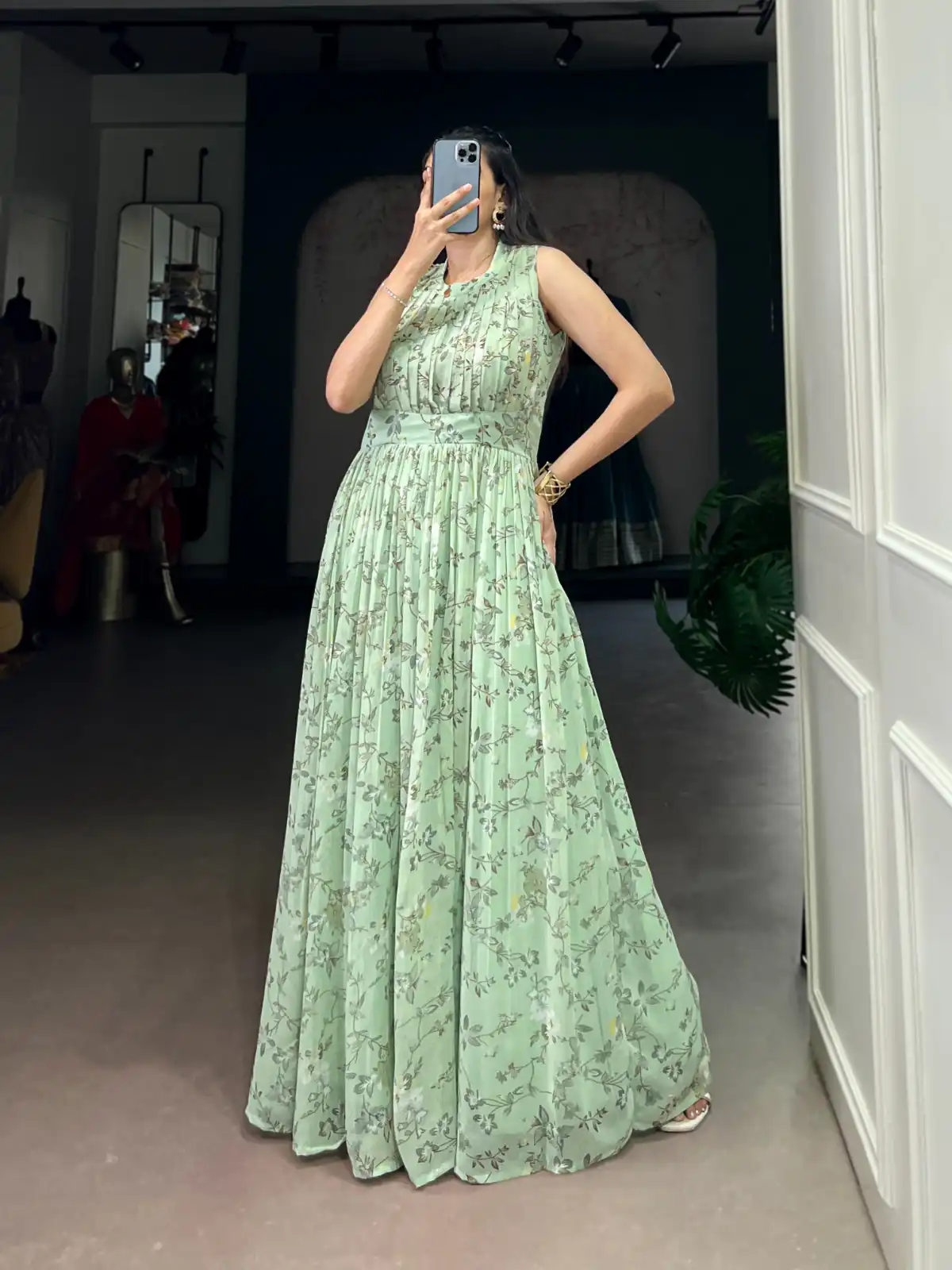 Sea Green Weightless Marbal Floral Print Gown | Gowns, Bollywood Gowns, Creative Gowns, Designer Gowns, Embroidered Gowns, Party Wear Gowns