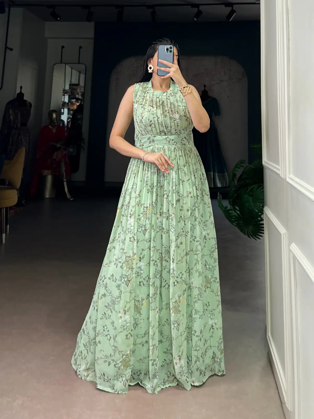 Sea Green Weightless Marbal Floral Print Gown | Gowns, Bollywood Gowns, Creative Gowns, Designer Gowns, Embroidered Gowns, Party Wear Gowns