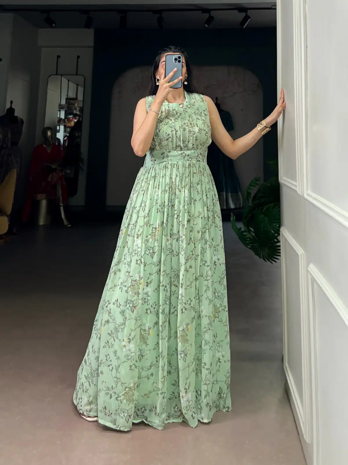 Sea Green Weightless Marbal Floral Print Gown | Gowns, Bollywood Gowns, Creative Gowns, Designer Gowns, Embroidered Gowns, Party Wear Gowns