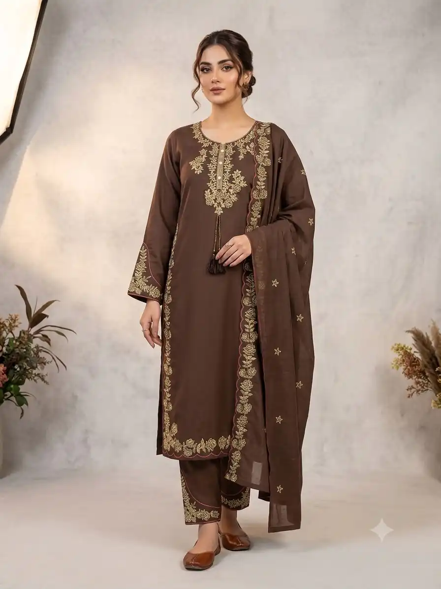 BE 473 Brown Color Roman Silk Salwar Suit with Embroidery Work. Available at ₹1999 only. Delivery 4-6 Working Days. Shop now. | Jump Suits, Salwar suit, Casual Suits, Creative suits, Designer Suits, Palazzo Suits, Party Wear Suits, Patiala Suits, Straight Suits