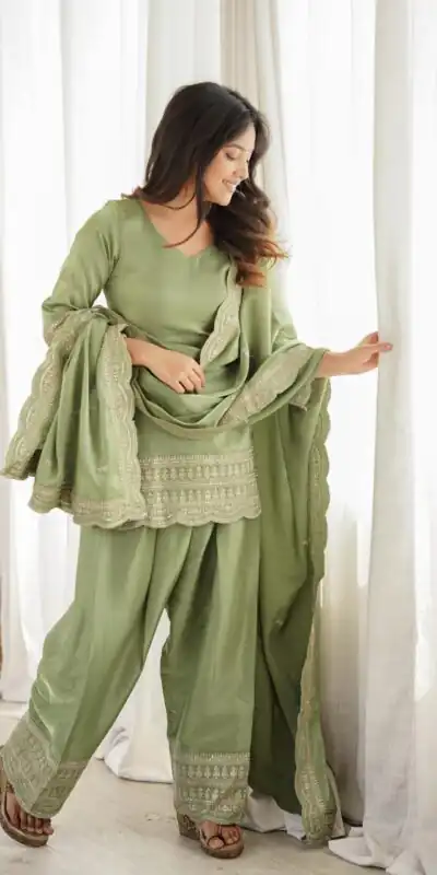 KB 304 Pista Color Roman Silk Salwar Suit with Embroidery Work. Available at ₹1999 only. Delivery 4-6 Working Days. Shop now. | Jump Suits, Salwar suit, Casual Suits, Creative suits, Designer Suits, Palazzo Suits, Party Wear Suits, Patiala Suits, Straight Suits