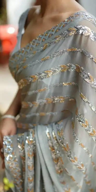 Silver Georgette Lace Embroidery Work Saree | Sarees, Bollywood Sarees, Creative Sarees, Designer Sarees, Embroidered Sarees, Ethnic Saree, Modern Digital sarees, Party Wear Sarees