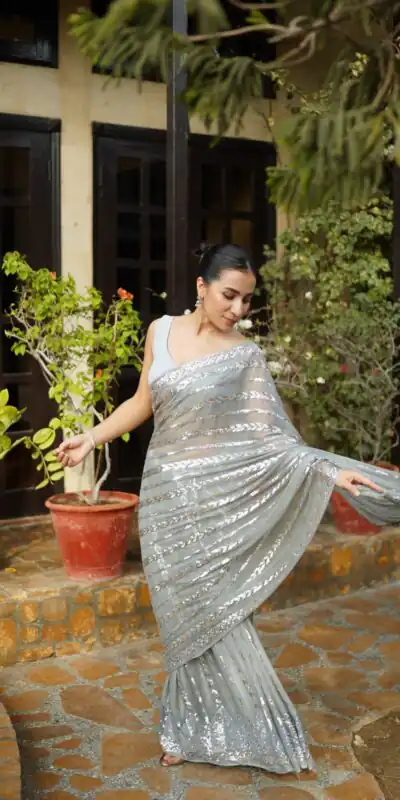 Silver Georgette Lace Embroidery Work Saree | Sarees, Bollywood Sarees, Creative Sarees, Designer Sarees, Embroidered Sarees, Ethnic Saree, Modern Digital sarees, Party Wear Sarees