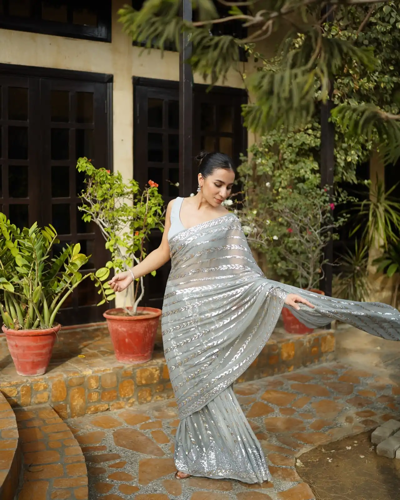 Silver Georgette Lace Embroidery Work Saree | Sarees, Bollywood Sarees, Creative Sarees, Designer Sarees, Embroidered Sarees, Ethnic Saree, Modern Digital sarees, Party Wear Sarees