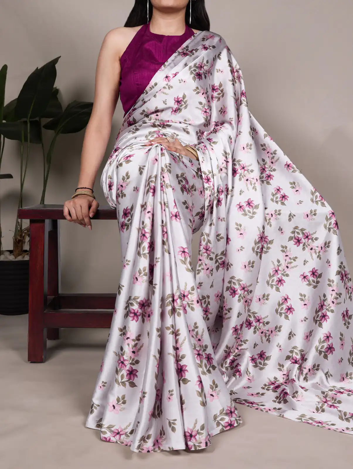Silver Satin Silk Floral Print Saree | Sarees, Bollywood Sarees, Creative Sarees, Designer Sarees, Embroidered Sarees, Ethnic Saree, Modern Digital sarees, Party Wear Sarees