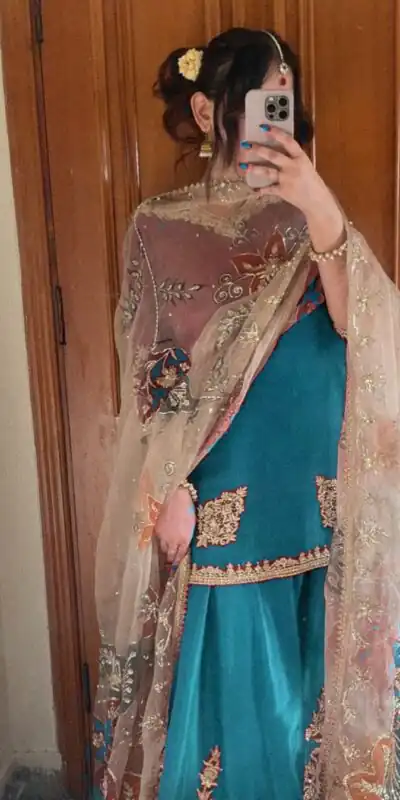 Sky Blue Chinnon Silk With Embroidery Work Sharara Suit | Jump Suits, Salwar suit, Casual Suits, Creative suits, Designer Suits, Palazzo Suits, Party Wear Suits, Patiala Suits, Straight Suits