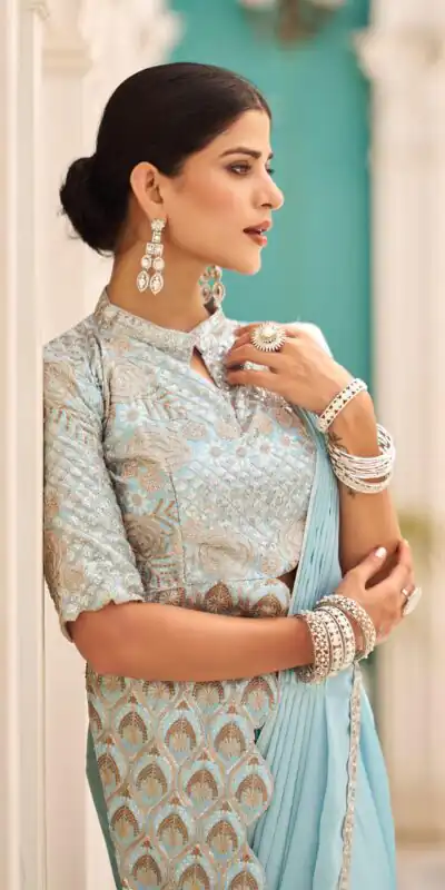 Sky Blue Chinon Embroidery Work Lace Border Saree | Sarees, Bollywood Sarees, Creative Sarees, Designer Sarees, Embroidered Sarees, Ethnic Saree, Modern Digital sarees, Party Wear Sarees