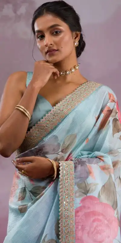Sky Blue Chinon Silk Embroidery Cut Work Saree | Sarees, Bollywood Sarees, Creative Sarees, Designer Sarees, Embroidered Sarees, Ethnic Saree, Modern Digital sarees, Party Wear Sarees