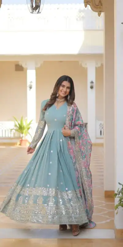 Sky Blue Faux Georgette With Embroidery Work Gown | Gowns, Bollywood Gowns, Creative Gowns, Designer Gowns, Embroidered Gowns, Party Wear Gowns