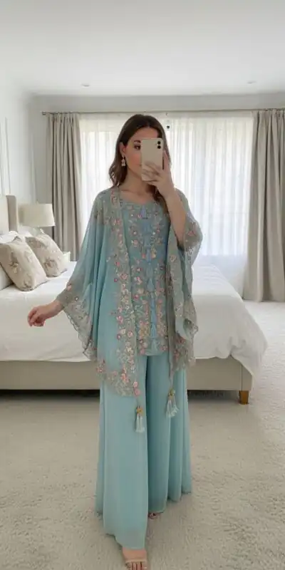 Sky Blue Faux Georgette With Embroidery Work Salwar Suit | Jump Suits, Salwar suit, Casual Suits, Creative suits, Designer Suits, Palazzo Suits, Party Wear Suits, Patiala Suits, Straight Suits