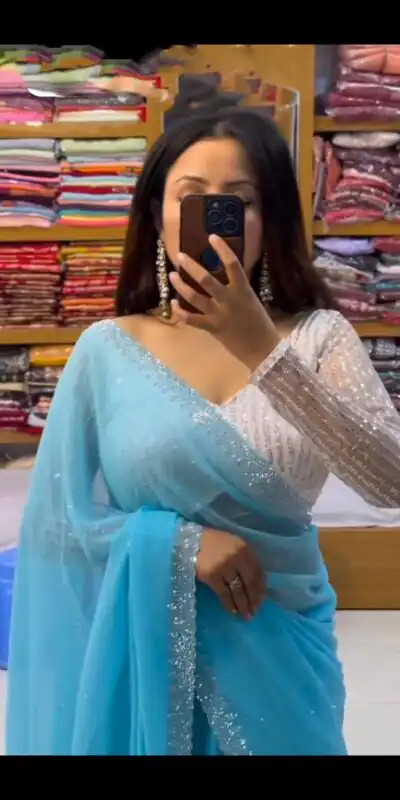 Sky Blue Georgette Hot Fix Stone Work Saree | Sarees, Bollywood Sarees, Creative Sarees, Designer Sarees, Embroidered Sarees, Ethnic Saree, Modern Digital sarees, Party Wear Sarees