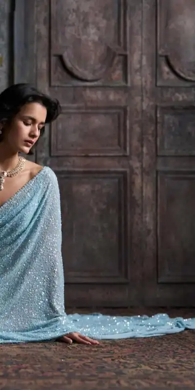 Sky Blue Georgette Khichdi Sequence Work Saree | Sarees, Bollywood Sarees, Creative Sarees, Designer Sarees, Embroidered Sarees, Ethnic Saree, Modern Digital sarees, Party Wear Sarees