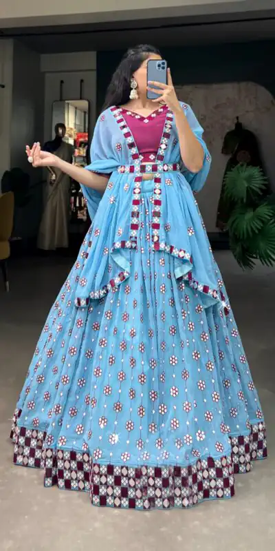 Sky Blue Georgette Mirror Work Lehenga Choli | Lehenga, Bollywood Lehenga, Creative Lehenga, Designer Lehenga, Embroidered Lehenga, Party Wear Lehenga