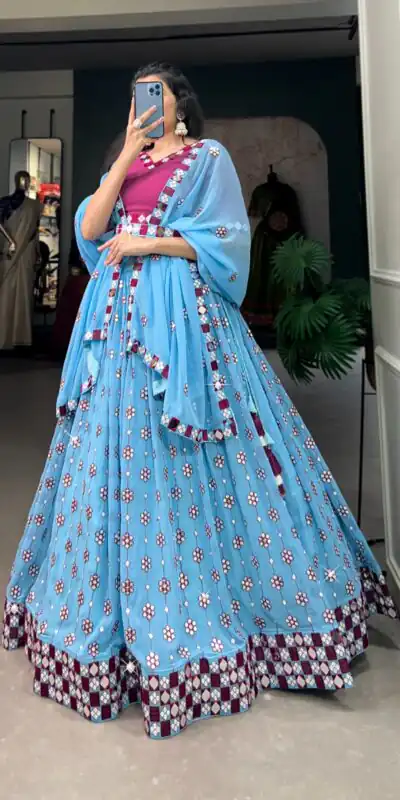 Sky Blue Georgette Mirror Work Lehenga Choli | Lehenga, Bollywood Lehenga, Creative Lehenga, Designer Lehenga, Embroidered Lehenga, Party Wear Lehenga