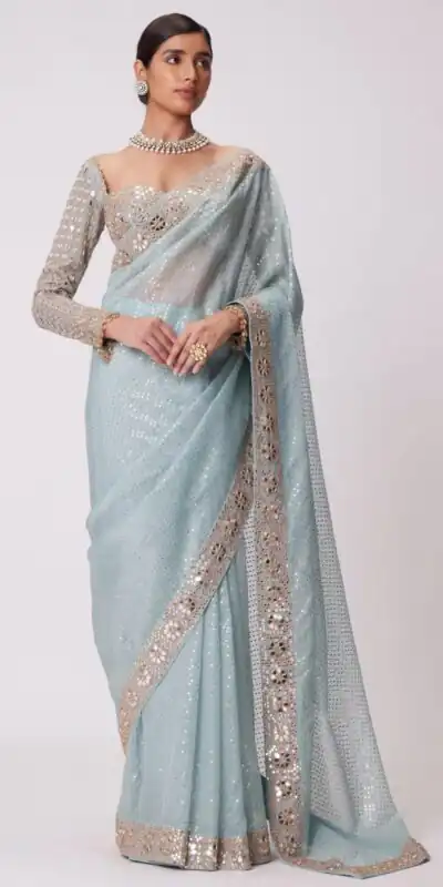 Sky Blue Georgette Sequins Saree | Sarees, Bollywood Sarees, Creative Sarees, Designer Sarees, Embroidered Sarees, Ethnic Saree, Modern Digital sarees, Party Wear Sarees