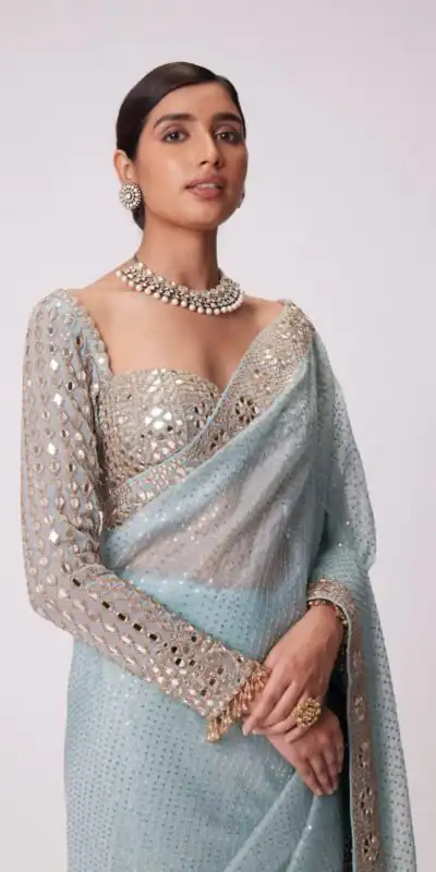Sky Blue Georgette Sequins Saree | Sarees, Bollywood Sarees, Creative Sarees, Designer Sarees, Embroidered Sarees, Ethnic Saree, Modern Digital sarees, Party Wear Sarees