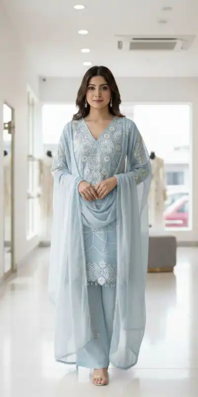 Sky Blue Georgette Sequins Work Salwar Suit | Jump Suits, Salwar suit, Casual Suits, Creative suits, Designer Suits, Palazzo Suits, Party Wear Suits, Patiala Suits, Straight Suits