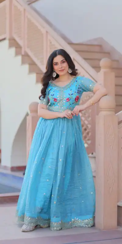 Sky Blue Gold Crush Zari Embroidery Work Gown | Gowns, Bollywood Gowns, Creative Gowns, Designer Gowns, Embroidered Gowns, Party Wear Gowns