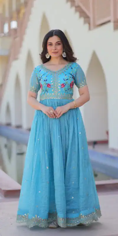 Sky Blue Gold Crush Zari Embroidery Work Gown | Gowns, Bollywood Gowns, Creative Gowns, Designer Gowns, Embroidered Gowns, Party Wear Gowns