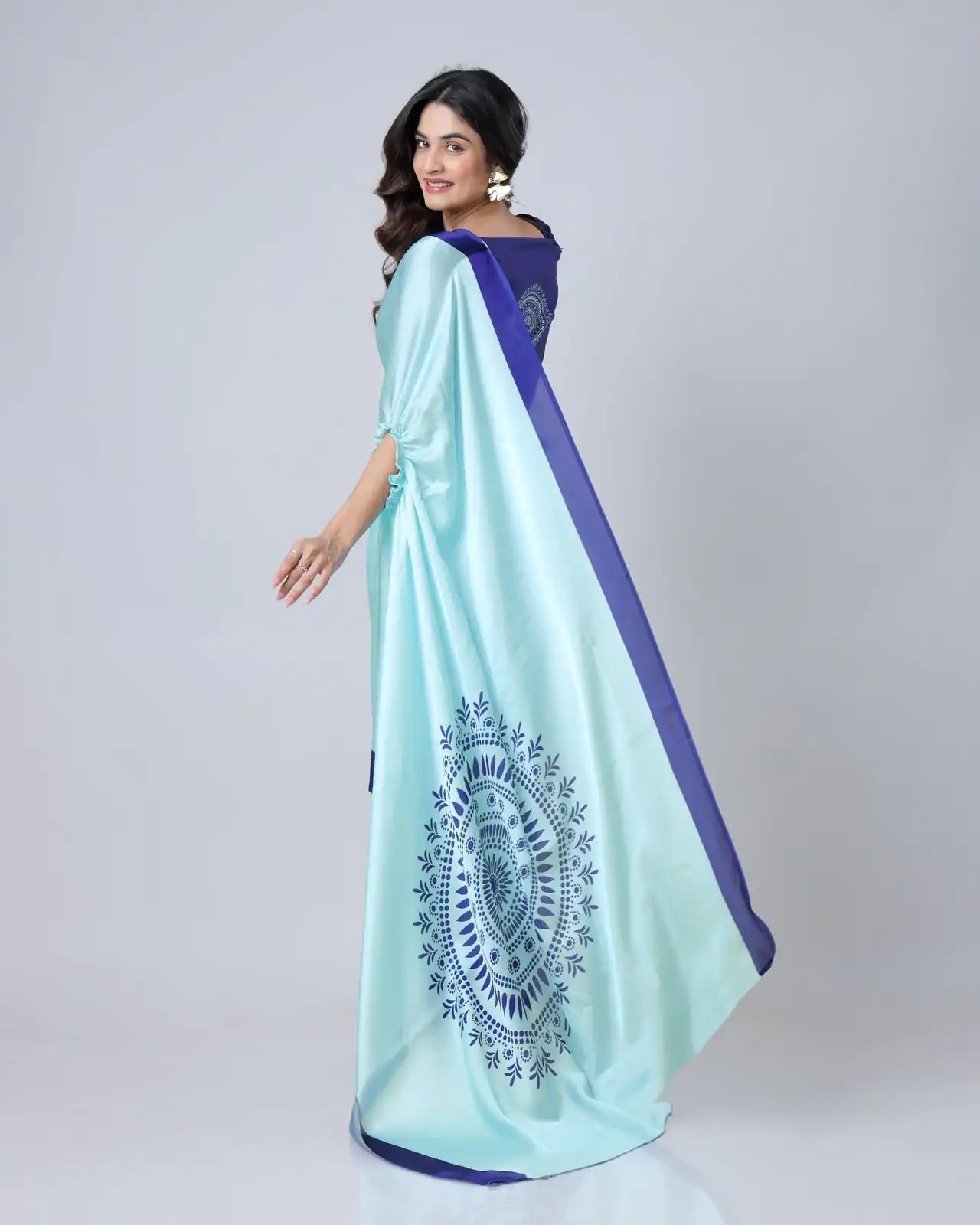 Sky Blue Japan Satin Digital Print Work Saree | Sarees, Bollywood Sarees, Creative Sarees, Designer Sarees, Embroidered Sarees, Ethnic Saree, Modern Digital sarees, Party Wear Sarees
