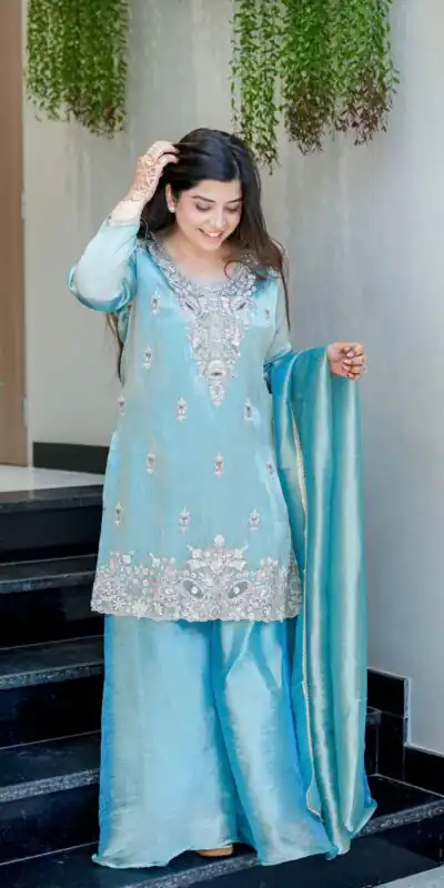 Sky Blue Jimmy Choo Embroidery Lace Work Salwar Suit | Jump Suits, Salwar suit, Casual Suits, Creative suits, Designer Suits, Palazzo Suits, Party Wear Suits, Patiala Suits, Straight Suits
