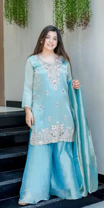 Sky Blue Jimmy Choo Embroidery Lace Work Salwar Suit | Jump Suits, Salwar suit, Casual Suits, Creative suits, Designer Suits, Palazzo Suits, Party Wear Suits, Patiala Suits, Straight Suits