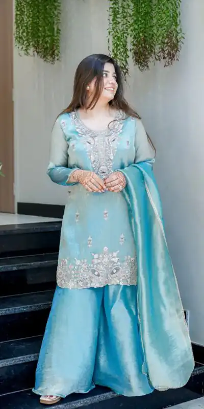 Sky Blue Jimmy Choo Embroidery Lace Work Salwar Suit | Jump Suits, Salwar suit, Casual Suits, Creative suits, Designer Suits, Palazzo Suits, Party Wear Suits, Patiala Suits, Straight Suits