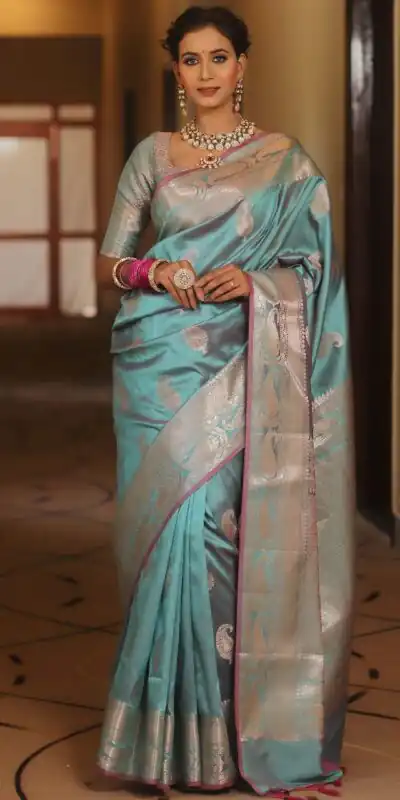 Sky Blue Lichi Silk Border Lace Work Saree | Sarees, Bollywood Sarees, Creative Sarees, Designer Sarees, Embroidered Sarees, Ethnic Saree, Modern Digital sarees, Party Wear Sarees