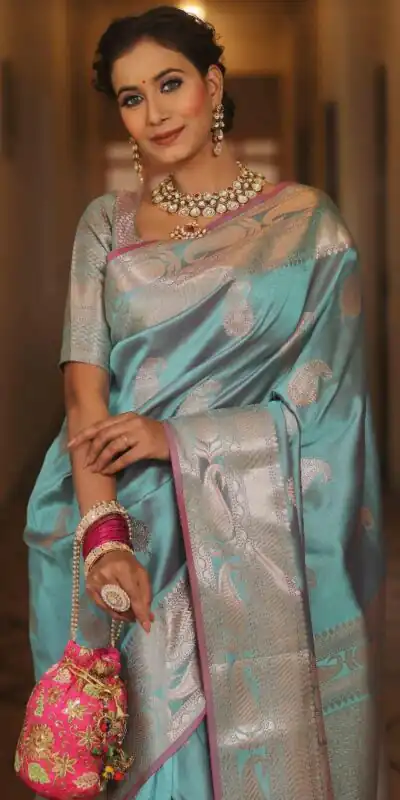 Sky Blue Lichi Silk Border Lace Work Saree | Sarees, Bollywood Sarees, Creative Sarees, Designer Sarees, Embroidered Sarees, Ethnic Saree, Modern Digital sarees, Party Wear Sarees