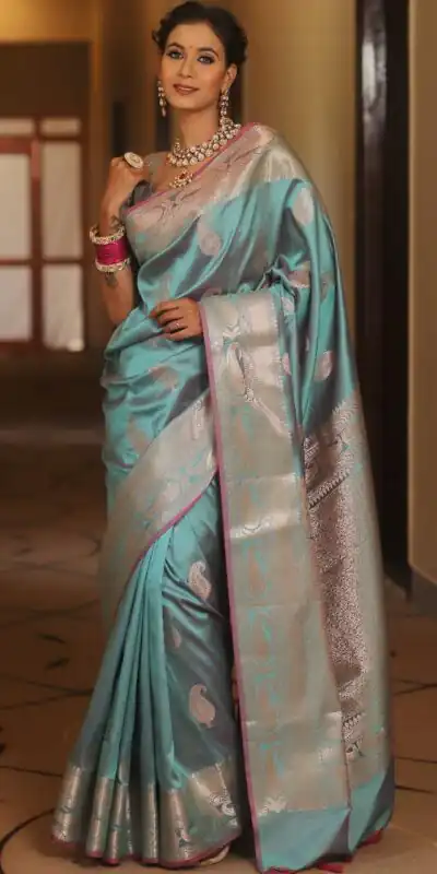 Sky Blue Lichi Silk Border Lace Work Saree | Sarees, Bollywood Sarees, Creative Sarees, Designer Sarees, Embroidered Sarees, Ethnic Saree, Modern Digital sarees, Party Wear Sarees