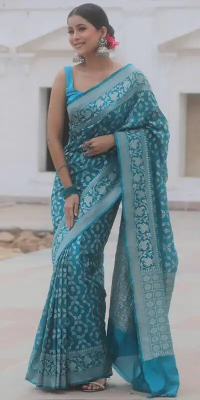 Sky Blue Lichi Silk Jacquard Border Work Saree | Sarees, Bollywood Sarees, Creative Sarees, Designer Sarees, Embroidered Sarees, Ethnic Saree, Modern Digital sarees, Party Wear Sarees