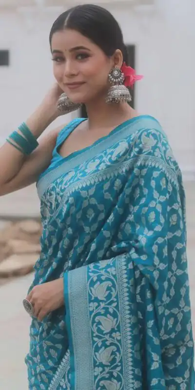 Sky Blue Lichi Silk Jacquard Border Work Saree | Sarees, Bollywood Sarees, Creative Sarees, Designer Sarees, Embroidered Sarees, Ethnic Saree, Modern Digital sarees, Party Wear Sarees