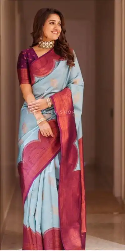 Sky Blue Lichi Silk Jacquard Work Saree | Sarees, Bollywood Sarees, Creative Sarees, Designer Sarees, Embroidered Sarees, Ethnic Saree, Modern Digital sarees, Party Wear Sarees