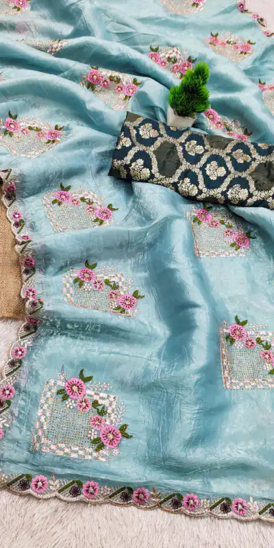 Sky Blue Paper Silk Crush With Embroider Saree | Sarees, Bollywood Sarees, Creative Sarees, Designer Sarees, Embroidered Sarees, Ethnic Saree, Modern Digital sarees, Party Wear Sarees